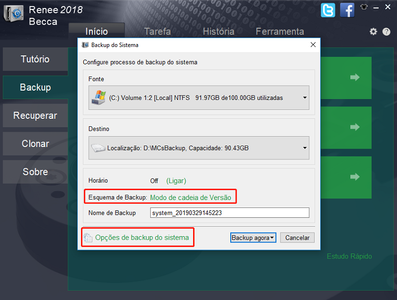 selecione esquema de backup