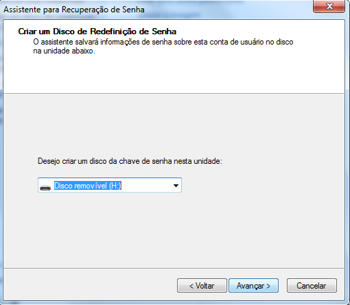 inserir disco de redefinição de senha