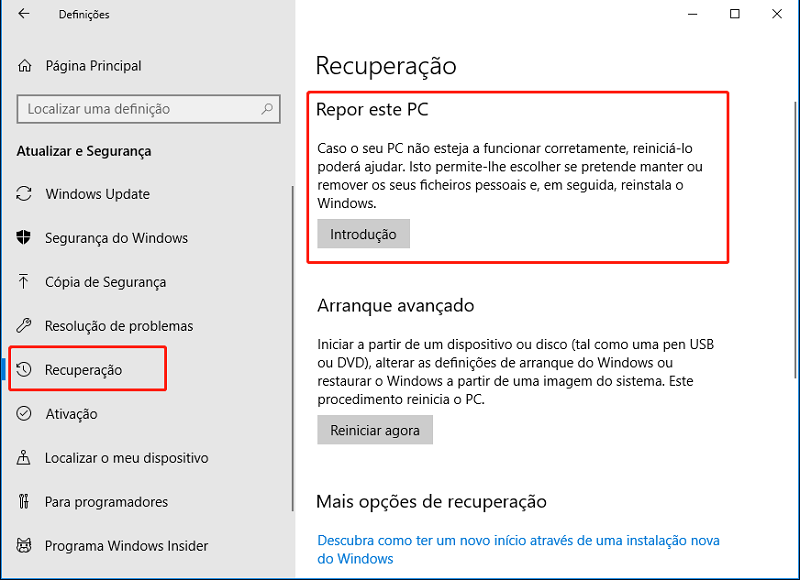 clique em introdução para repor o seu pc