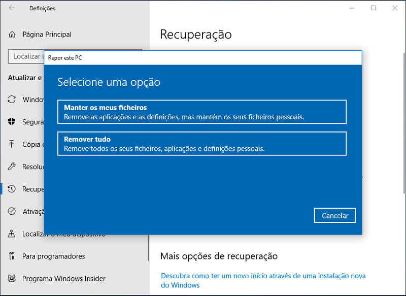 escolha uma opção para repor pc