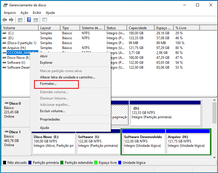 clique com o botão direito do mouse para selecionar formatar cartão sd no gerenciamento de disco