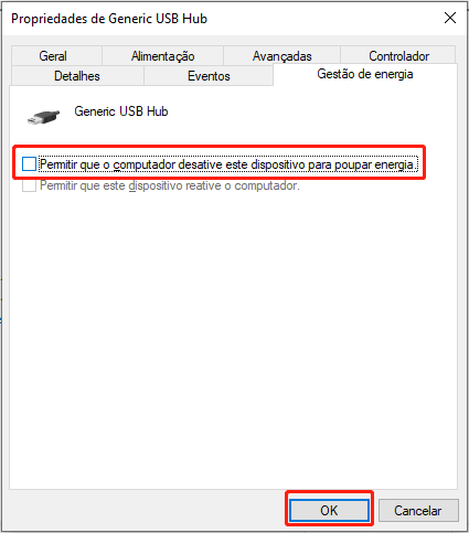 cancelar escolher a opção / Gerenciamento de energia do hub raiz USB