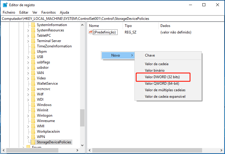 selecione Valor DWORD (32 bits)