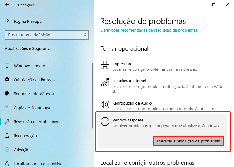 escolha executar a resolução de problemas de windows update