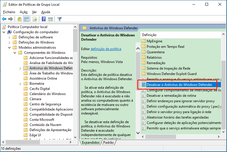 Desativar o Antivírus do Windows Defender