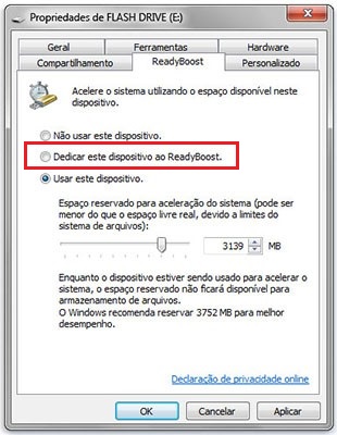 Dedicar este dispositivo ao ReadyBoost