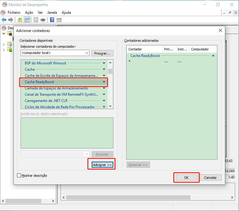 clique em cache ReadyBoost