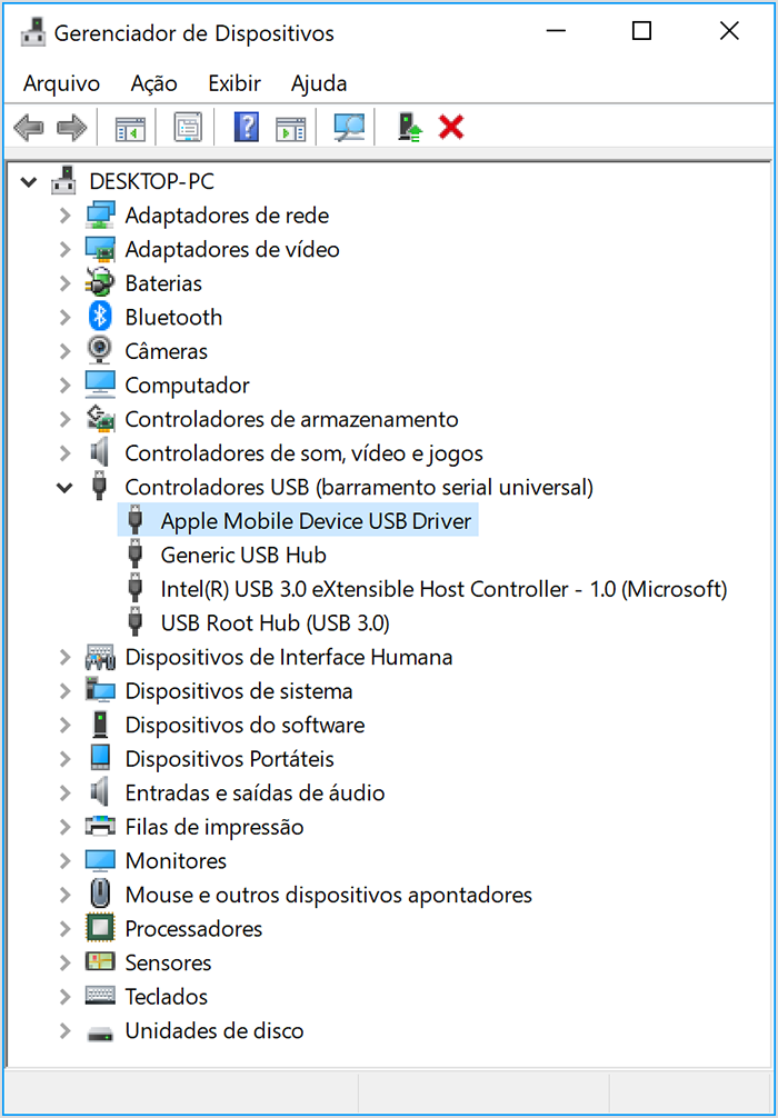 Apple Mobile Device USB Driver é exibido