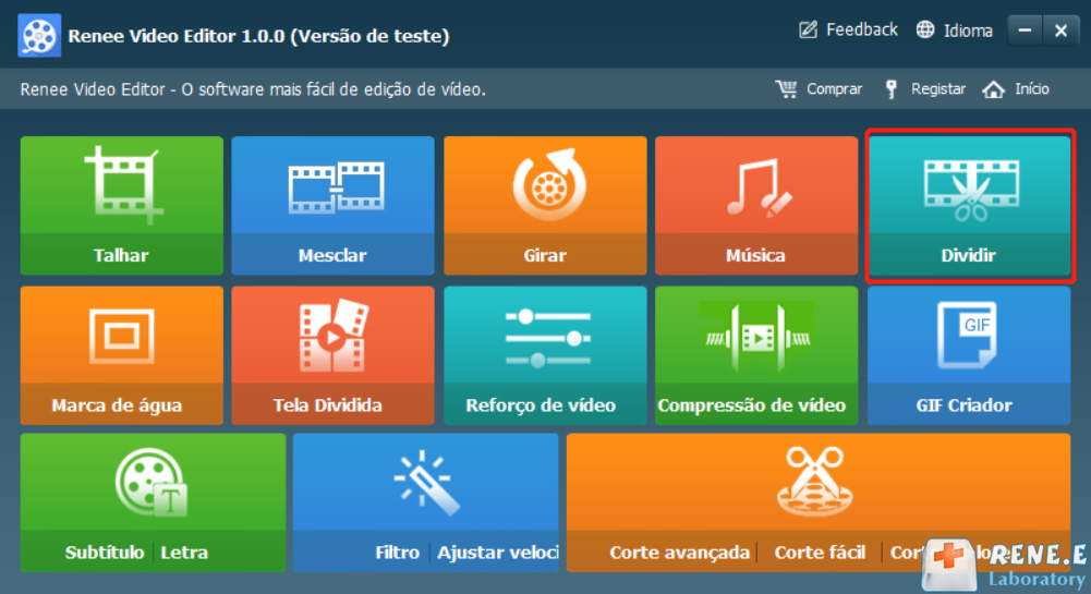 escolha a função dividir do progrma para cortar filme, Renee Video Editor