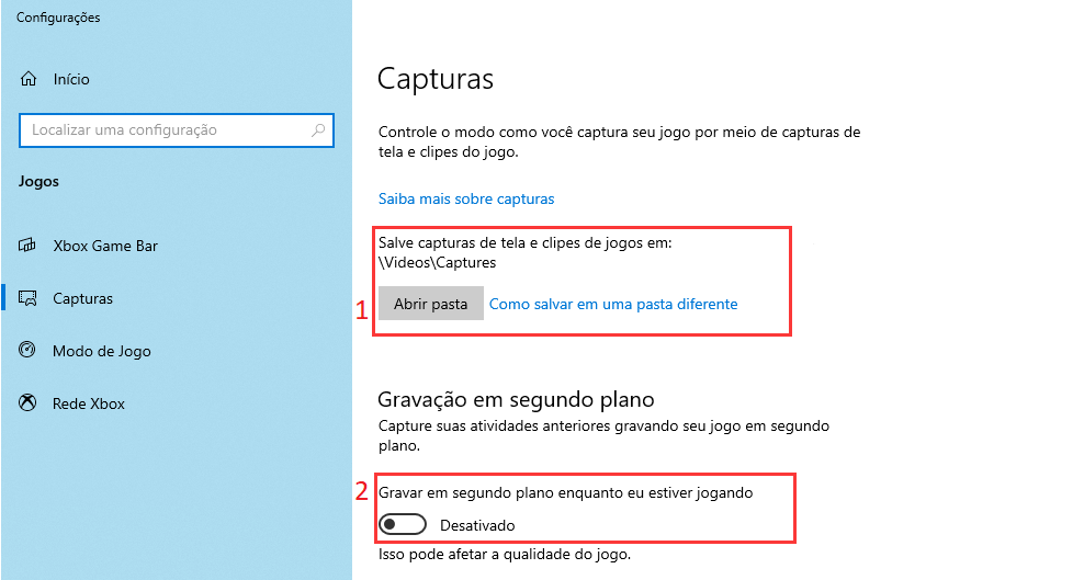 Ligue o interruptor de gravação em segundo plano