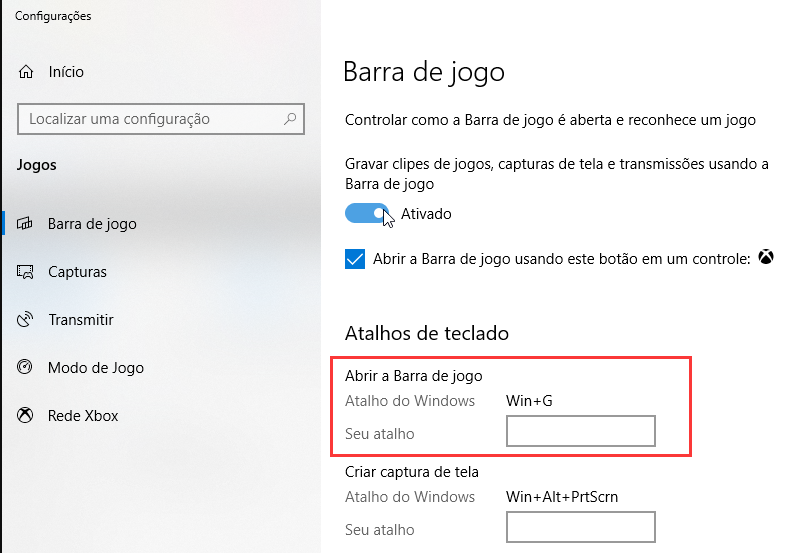 Atalho para a barra de jogos do Xbox