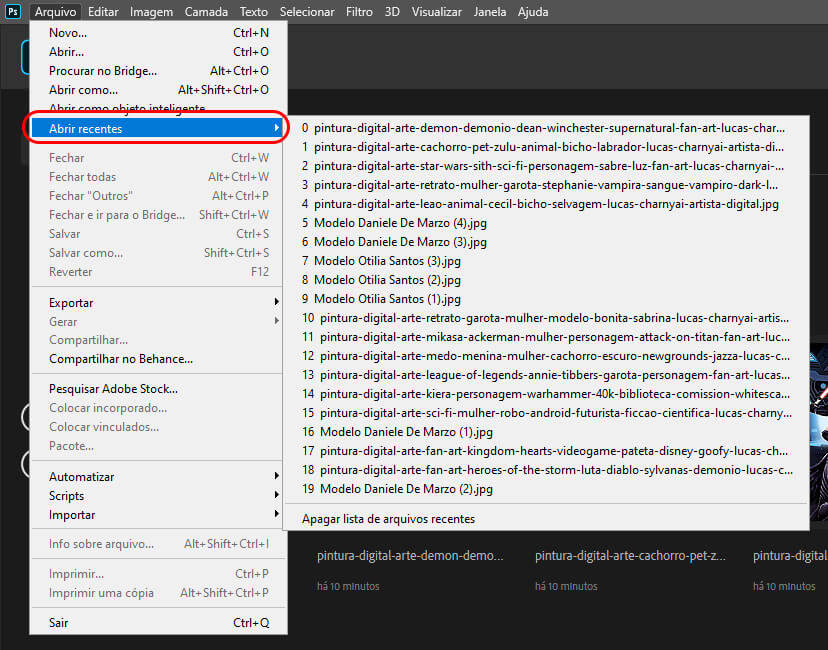 photoshop Arquivos abertos recentemente