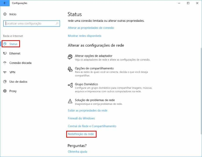 Windows Redefinição de rede