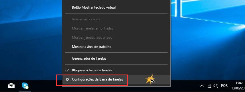 Clique nas configurações da barra de tarefas
