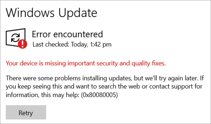 Erro de atualização do Windows:　0x80080005