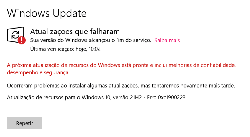 Atualização do Windows, erro 0xc1900223