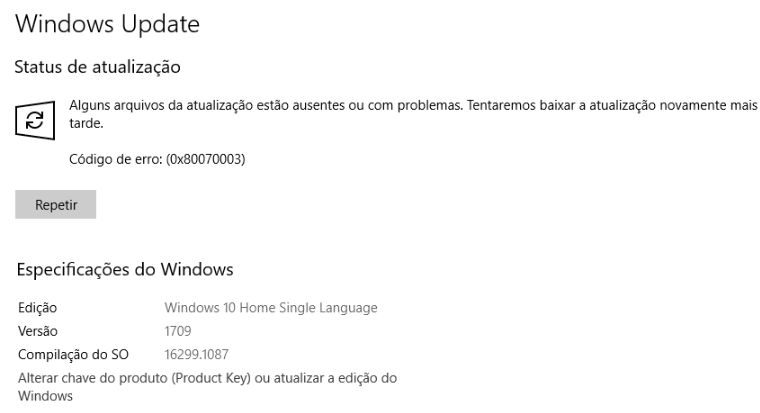 Erro de atualização do Windows 0x80070003