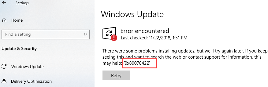 Windows Update 0x80070422 erro