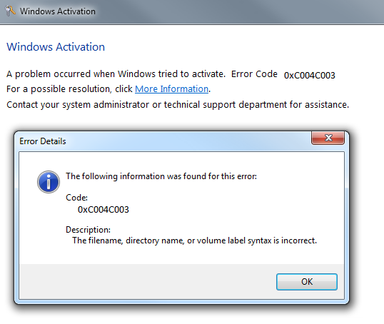 Erro de ativação 0xC004C003