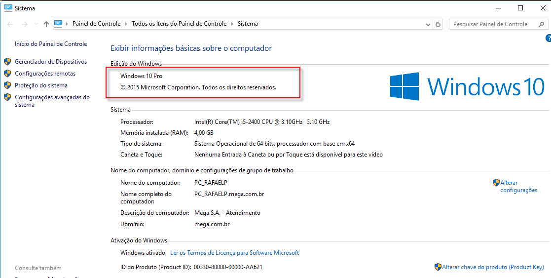 Verifique a versão do sistema Windows