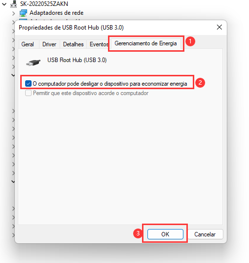 Propriedades do controlador Windows Universal Serial Bus, gerenciamento de energia