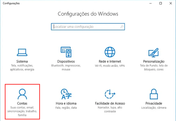 Contas de configurações do Windows