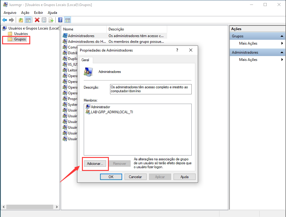 criar grupo de administradores adicionar usuário em lusrmgr.msc