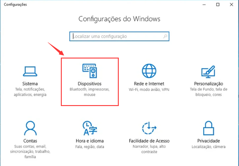Clique na opção do dispositivo e digite configuração do Windows