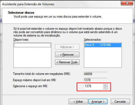 Opções de extensão de volume do Gerenciador do Windows