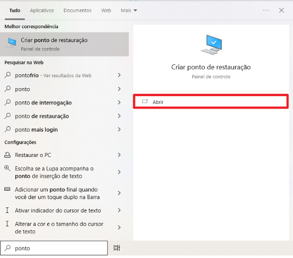 pesquisar criar ponto de restauração