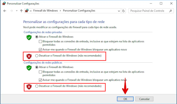 painel de controle firewall do Windows Defender