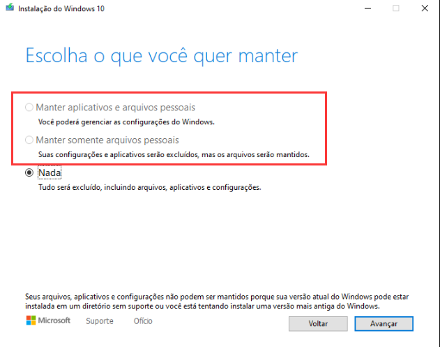 Instalação do Windows, escolha o que manter