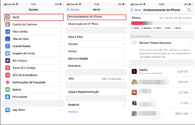 verificar o armazenamento do iphone antes de atualizar para o ios 13