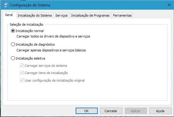 Interface de configuração do sistema msconfig