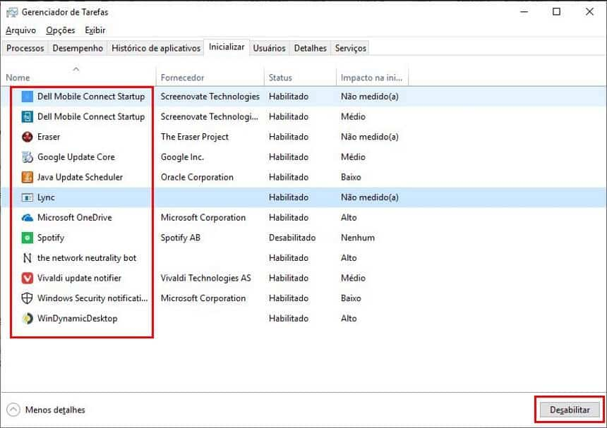 msconfig Desabilitar programas de inicialização