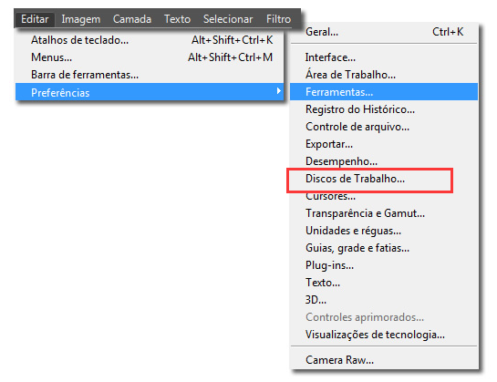 photoshop, Preferências, Disco de trabalho, menu
