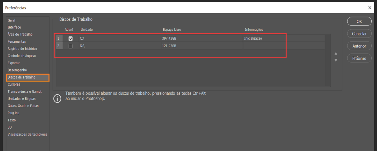 photoshop, Preferências, Disco de trabalho