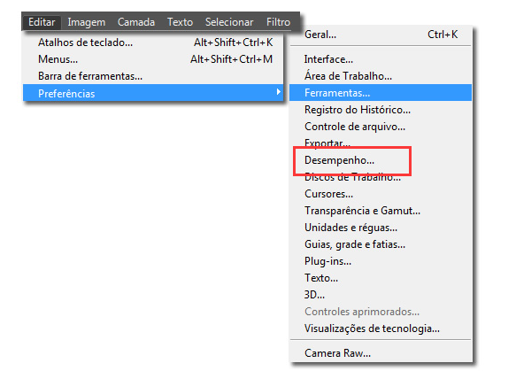 Clique em Preferências e depois em Desempenho
