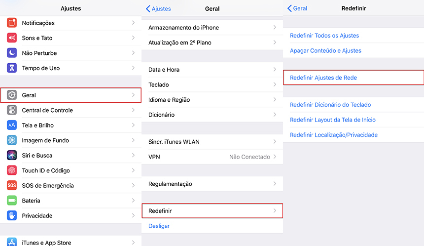 ativar a redefinição das configurações de rede do iphone