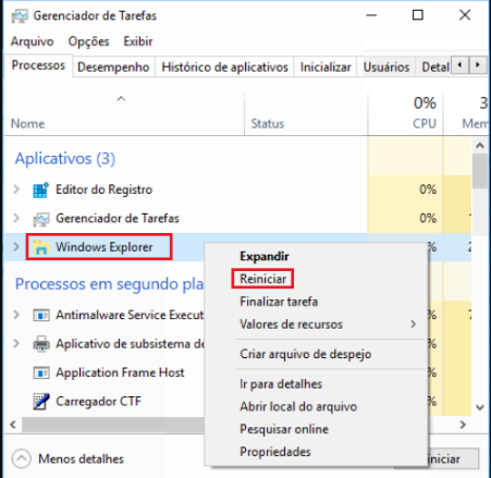 reinicie o explorer no gerenciador de tarefas