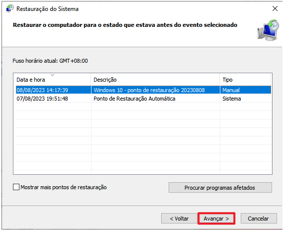 Substituir ponto de restauração