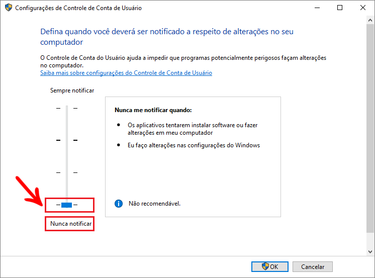 Alterar o nível de notificação das configurações da conta do usuário