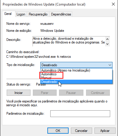 Windows Update Definir tipo de inicialização
