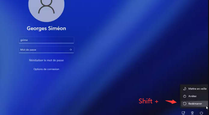 Tecla Shift e botão Reiniciar