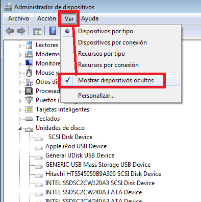 mostrar dispositivos ocultos Windows