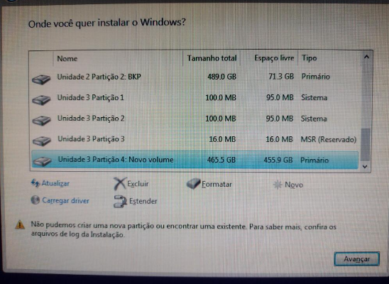 Não foi possível criar uma nova partição e não foi possível encontrar uma partição existente