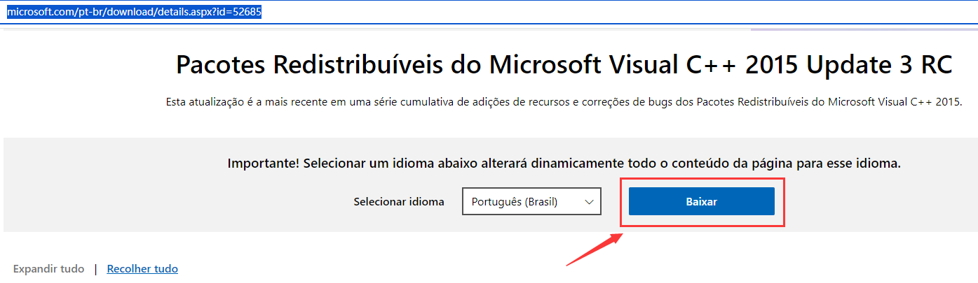 Selecione o idioma do Visual C++