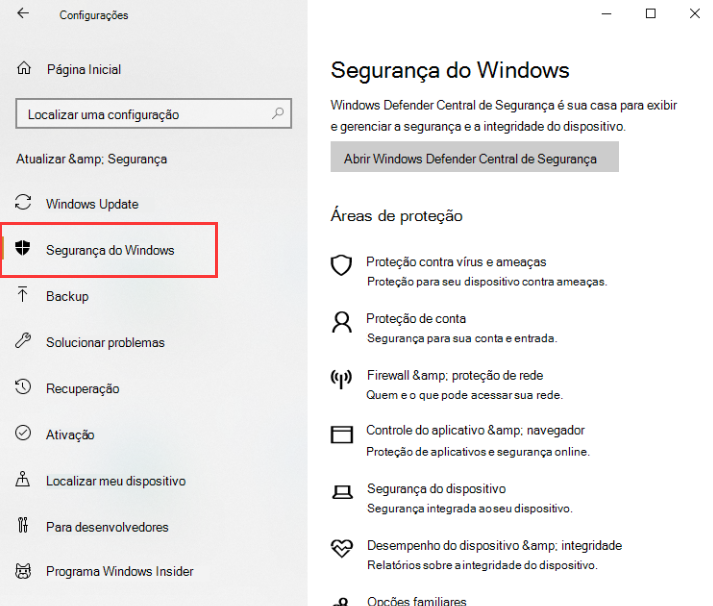 Central de Segurança do Windows Escaneamento rápido