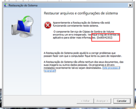Restauração do sistema 0x80042302 erro