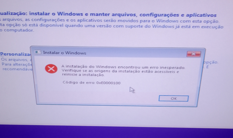 A instalação do Windows encontrou o erro 0xE0000100